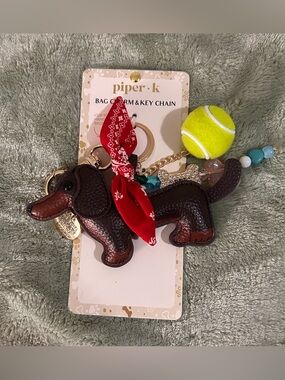 Piper Brown Dachshund Bag Charm with Red Bandana and Yellow Tennis Ball